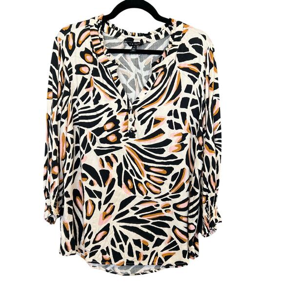 Tribal Ruffle V-Neck Animal Print Blouse Large - Picture 1 of 4
